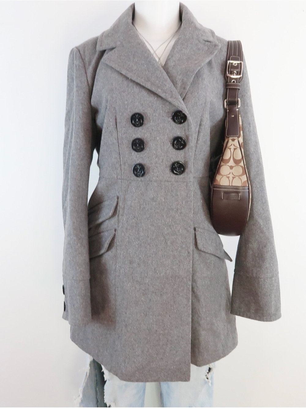 Tulle Gray Double-Breasted Pea Coat with Black Buttons